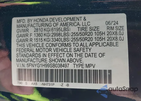 2025 Honda Pilot Black Edition из США, поврежденный, VIN 5FNYG1H99SB038497